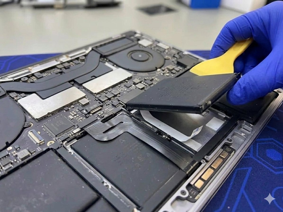 Remplacement batterie MacBook Pro gants bleus