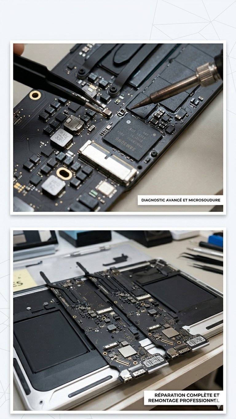 Diagnostic avancé microsoudure MacBook remontage professionnel